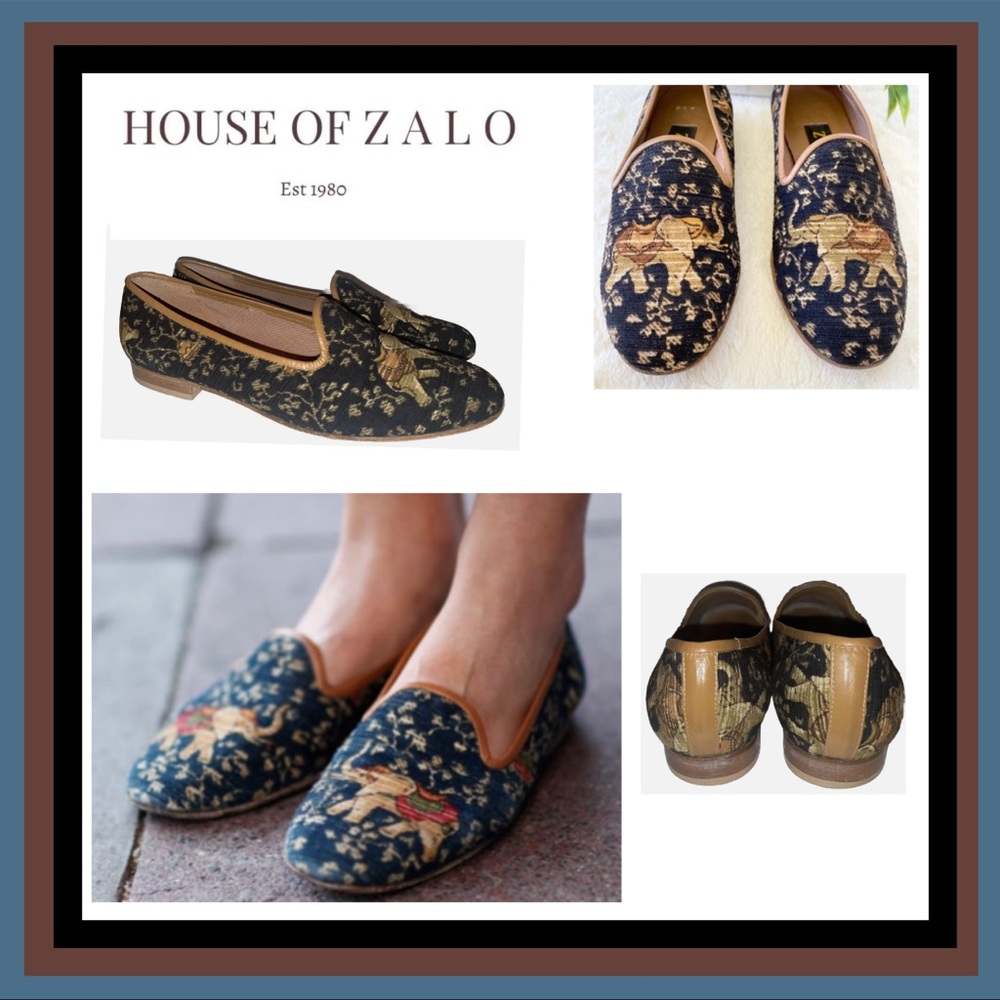 Anthropologie Zalo Needlepoint Tapestry Elephant 🐘 SlipOn Smoking Slippers Sz 7